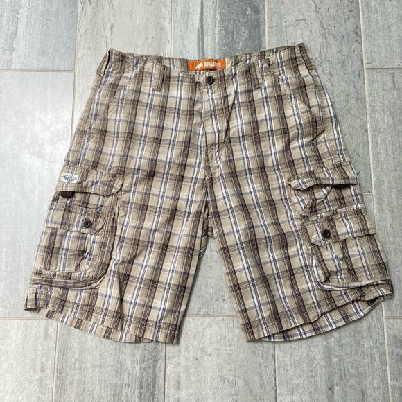 Lee Dungarees Cotton Flat Front Cargo Shorts Khaki Blue White Plaid Mens Size 34 - Picture 1 of 7
